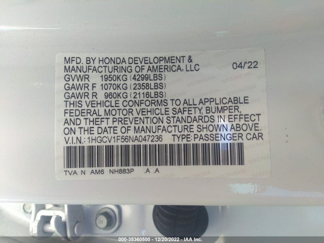 2022 HONDA ACCORD SEDAN EX-L VIN: 1HGCV1F56NA047236