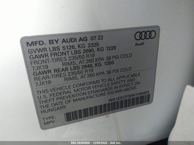 Audi Q3 S Line Premium Plus 2022 WA1EECF35N1150403 Image 9