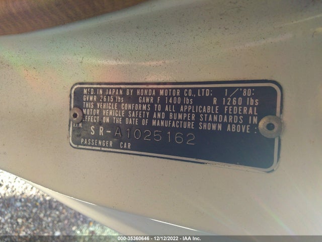 1980 HONDA CIVIC VIN: SRA1025162
