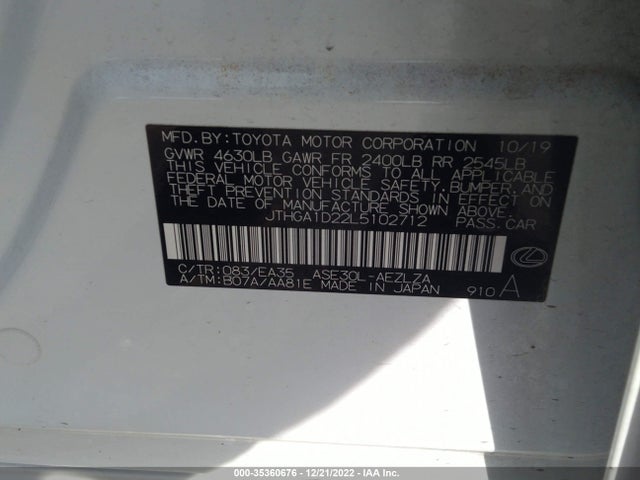 2020 Lexus IS, VIN: JTHGA1D22L5102712