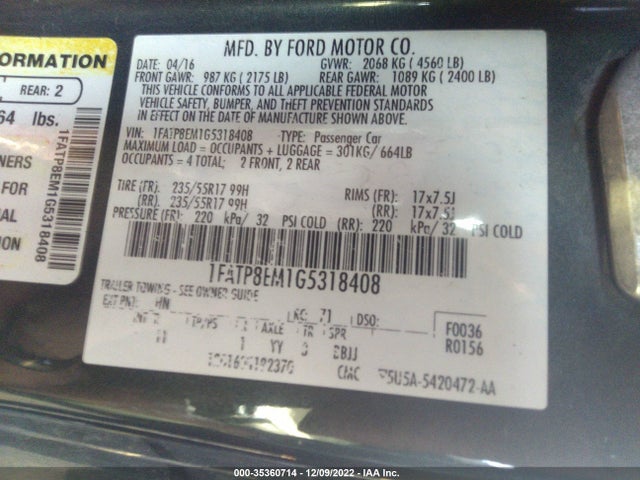 2016 FORD MUSTANG V6 VIN: 1FATP8EM1G5318408