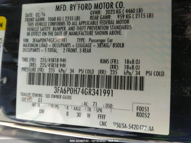 2016 Ford Fusion, VIN: 3FA6P0H74GR341991