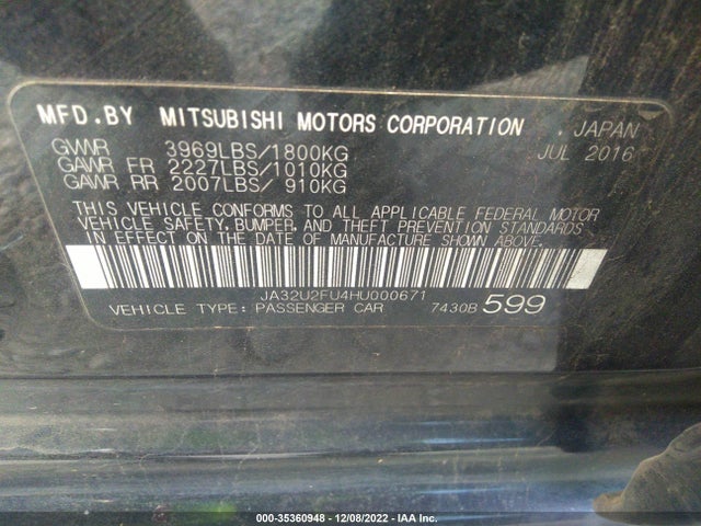 2017 MITSUBISHI LANCER ES/LE VIN: JA32U2FU4HU000671