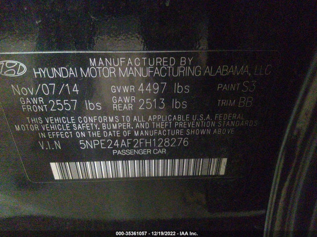 2015 HYUNDAI SONATA 2.4L SE VIN: 5NPE24AF2FH128276