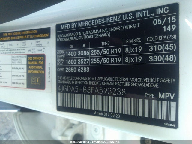 2015 Mercedes-Benz M-Class, VIN: 4JGDA5HB3FA593238