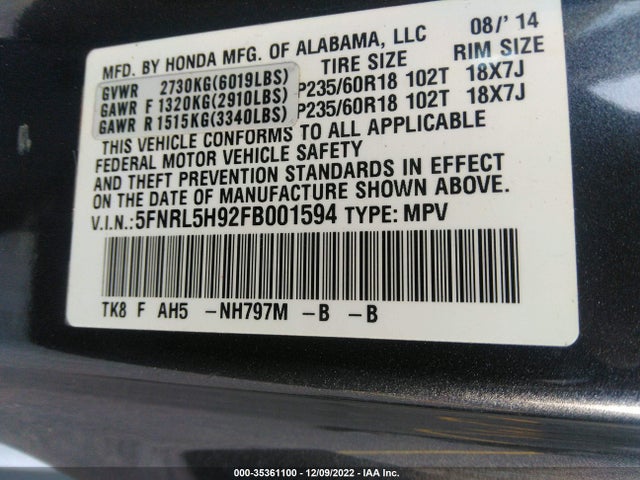 Honda Odyssey Touring 2015 5FNRL5H92FB001594 Image 9