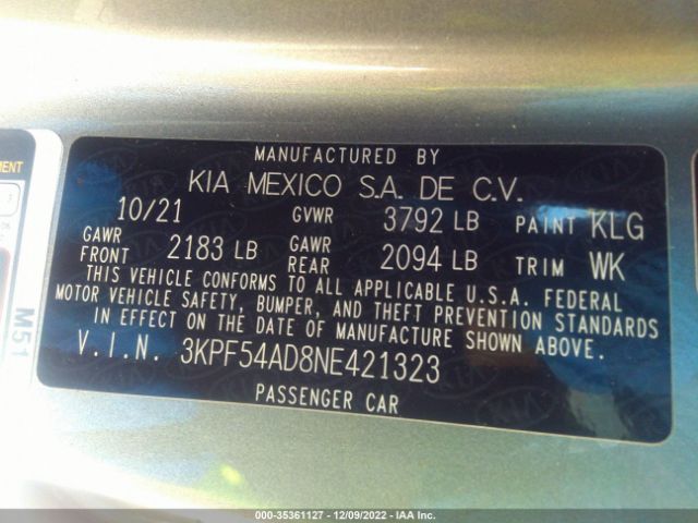 3KPF54AD8NE421323 KIA Forte Gt-line