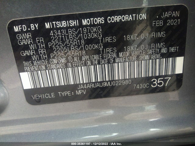 2021 Mitsubishi Outlander, VIN: JA4ARUAU9MU022980