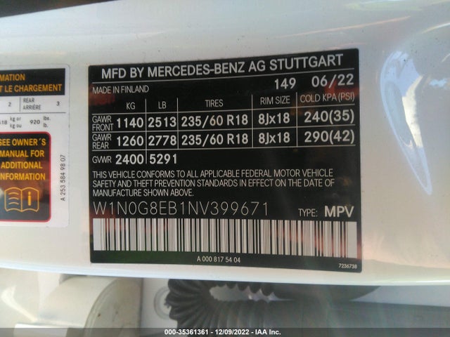 2022 Mercedes-Benz GLC-Class, VIN: W1N0G8EB1NV399671