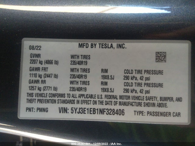 Tesla Model 3 Long Range 2022 5YJ3E1EB1NF328406 Image 9