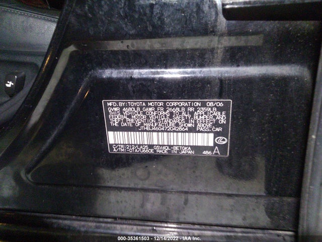2007 LEXUS ES 350 VIN: JTHBJ46G472042864