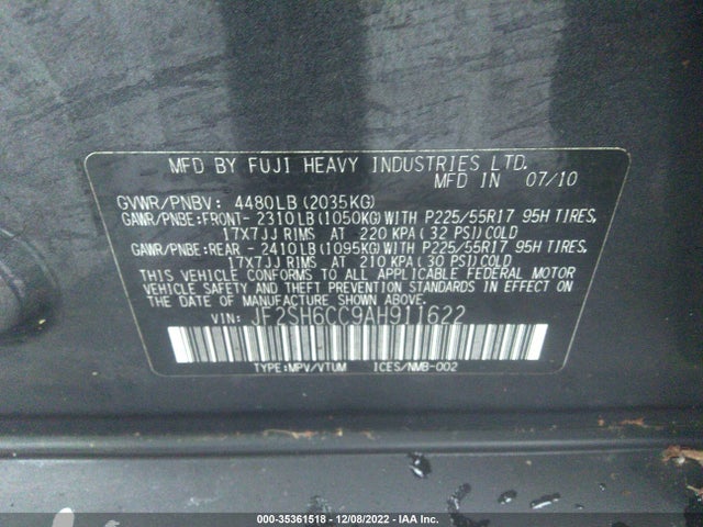 2010 SUBARU FORESTER 2.5X PREMIUM VIN: JF2SH6CC9AH911622