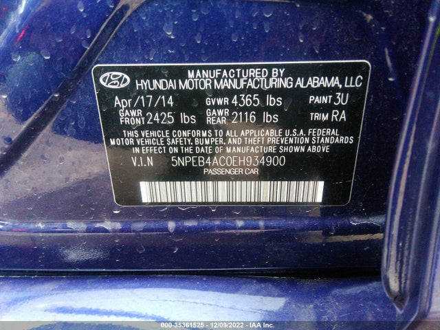 2014 HYUNDAI SONATA GLS VIN: 5NPEB4AC0EH934900