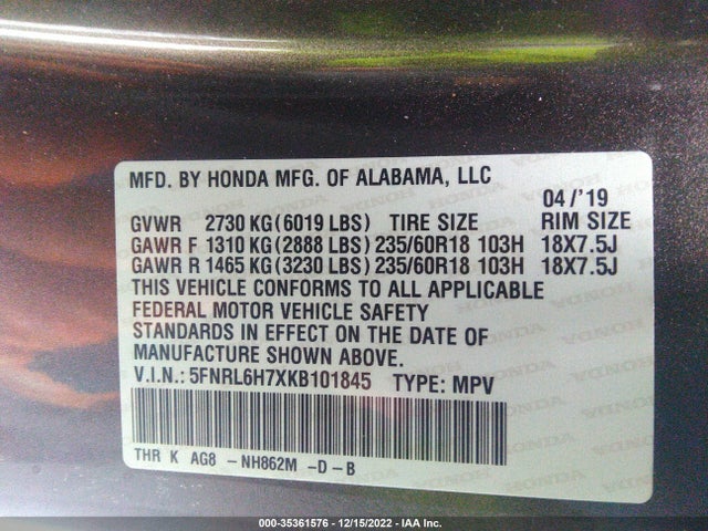 2019 HONDA ODYSSEY EX-L VIN: 5FNRL6H7XKB101845