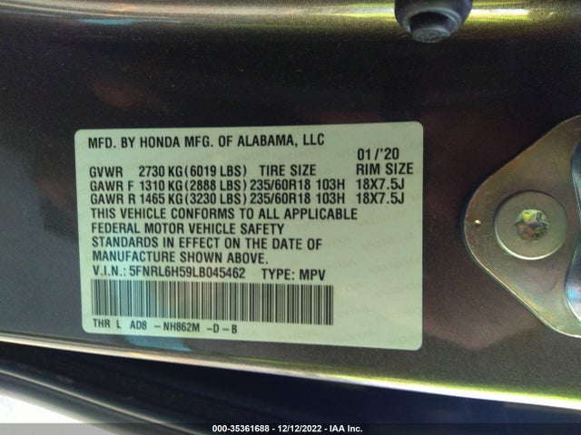 2020 Honda Odyssey, VIN: 5FNRL6H59LB045462