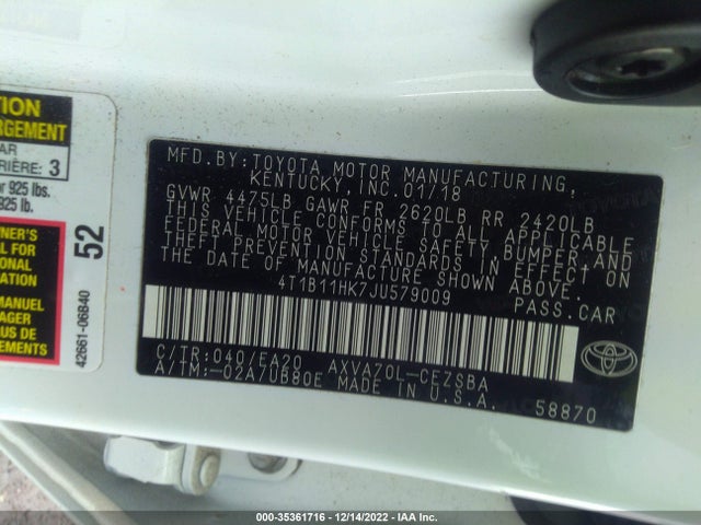 Toyota Camry 2018 4T1B11HK7JU579009 Image 11