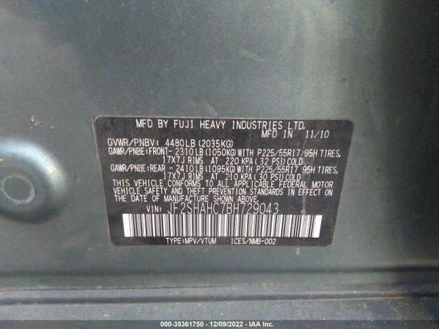 2011 SUBARU FORESTER 2.5X TOURING VIN: JF2SHAHC7BH729043