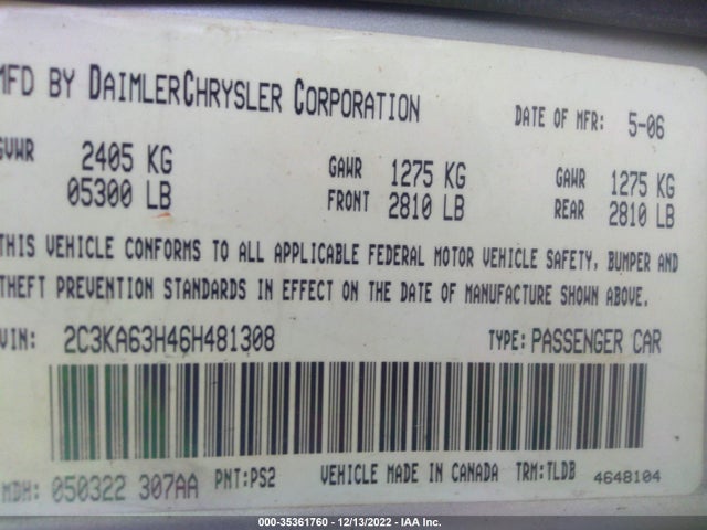2006 CHRYSLER 300 C VIN: 2C3KA63H46H481308