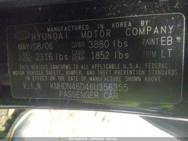 2006 HYUNDAI ELANTRA GLS/LIMITED VIN: KMHDN46D46U356355