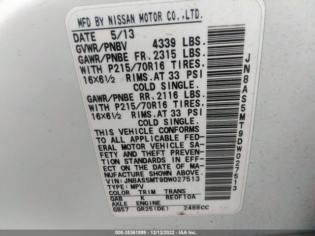 2013 NISSAN ROGUE S VIN: JN8AS5MT9DW027513