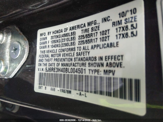2011 HONDA CR-V SE VIN: 5J6RE3H40BL004501