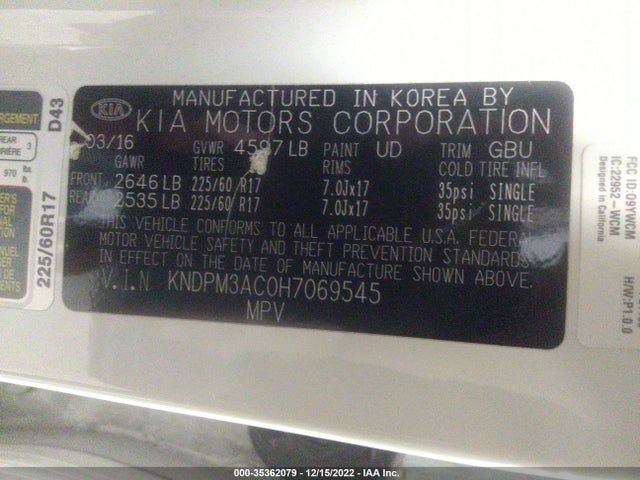 2017 KIA SPORTAGE LX VIN: KNDPM3AC0H7069545
