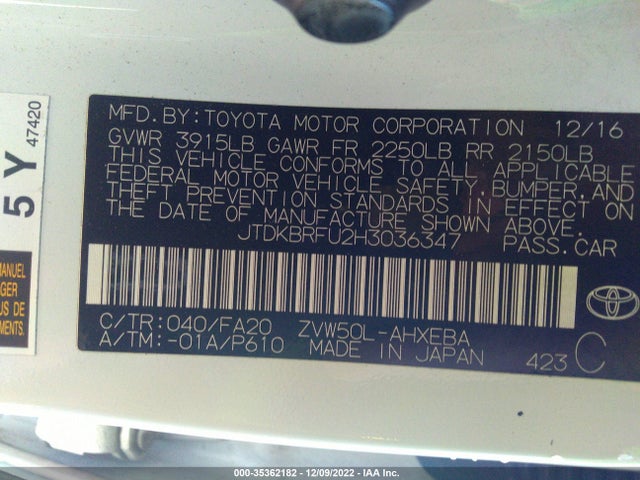2017 Toyota Prius, VIN: JTDKBRFU2H3036347