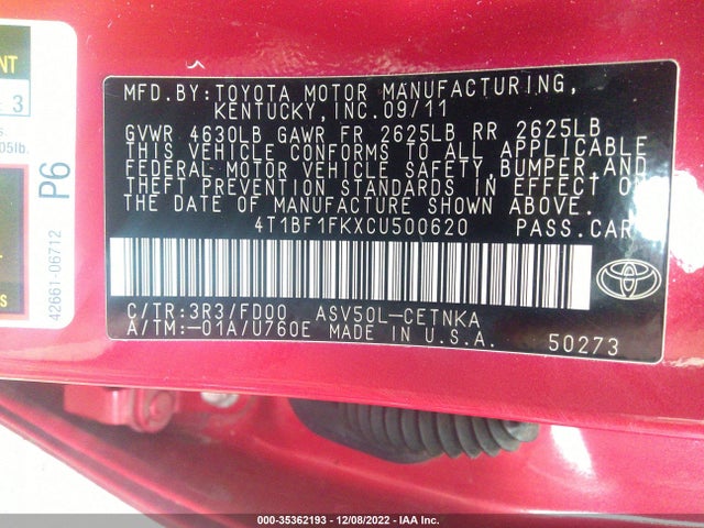 2012 TOYOTA CAMRY L/LE/SE/XLE VIN: 4T1BF1FKXCU500620