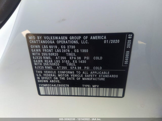 2020 Volkswagen Atlas, VIN: 1V2MR2CA4LC503278