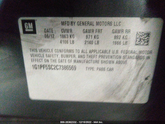 2012 CHEVROLET CRUZE LT W/1LT VIN: 1G1PF5SC2C7386569