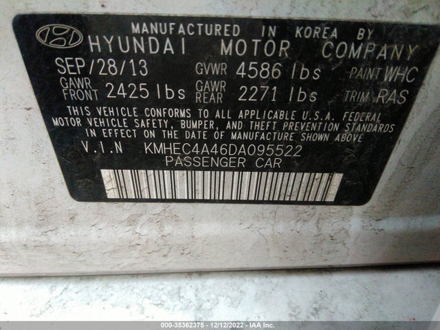 2013 HYUNDAI SONATA HYBRID VIN: KMHEC4A46DA095522