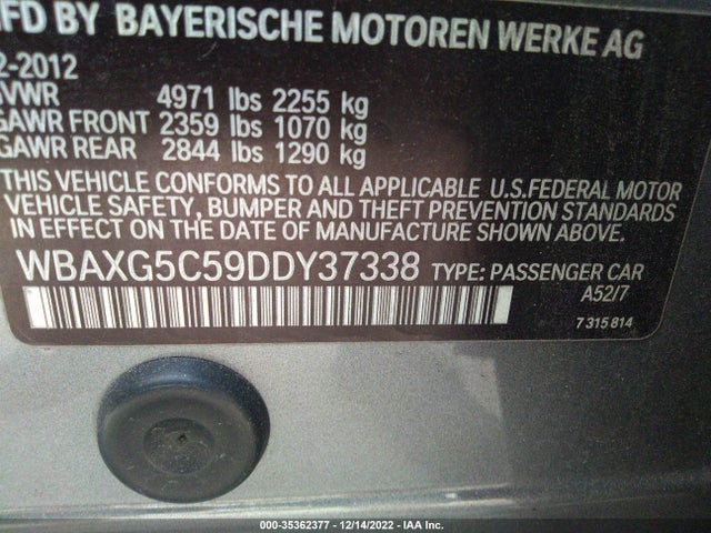 2013 BMW 5 SERIES 528I VIN: WBAXG5C59DDY37338