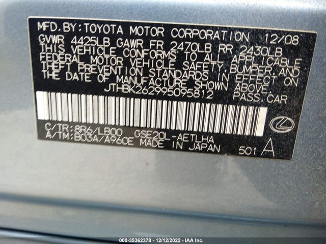 Lexus IS 2009 JTHBK262995095812 Image 10