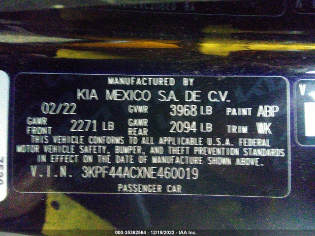 2022 KIA FORTE GT VIN: 3KPF44ACXNE460019