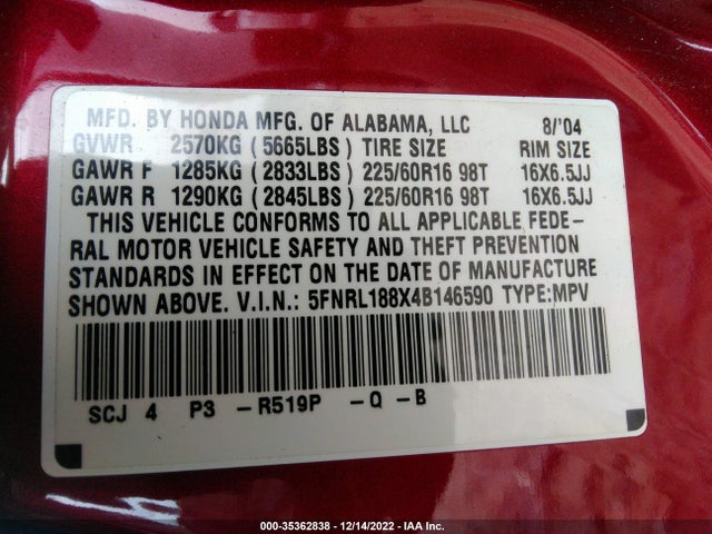 2004 HONDA ODYSSEY EX-RES VIN: 5FNRL188X4B146590