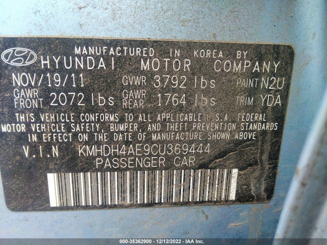 2012 HYUNDAI ELANTRA GLS VIN: KMHDH4AE9CU369444