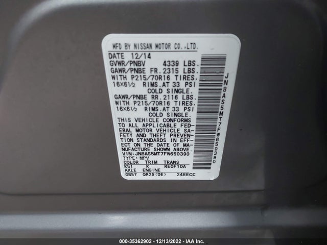 2015 NISSAN ROGUE SELECT S VIN: JN8AS5MT7FW650390