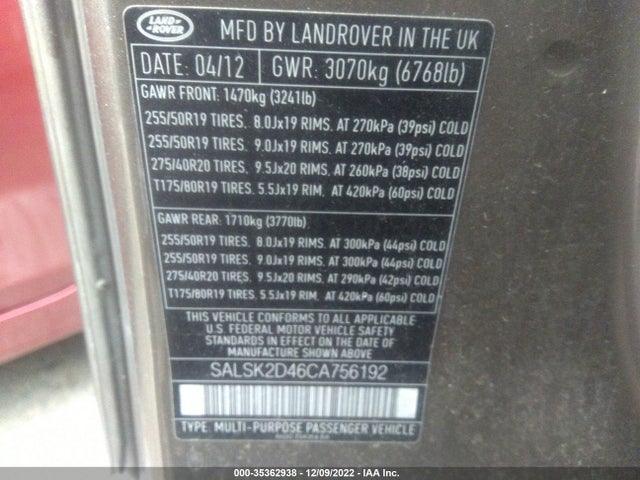 Land Rover RANGE ROVER SPORT 2012 SALSK2D46CA756192 Image 9