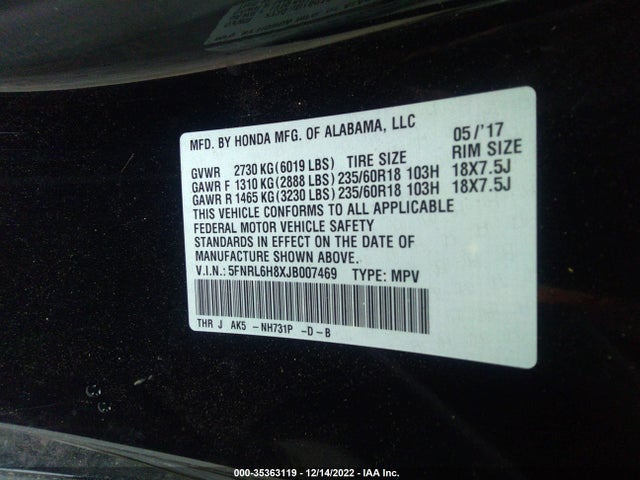 2018 HONDA ODYSSEY TOURING VIN: 5FNRL6H8XJB007469