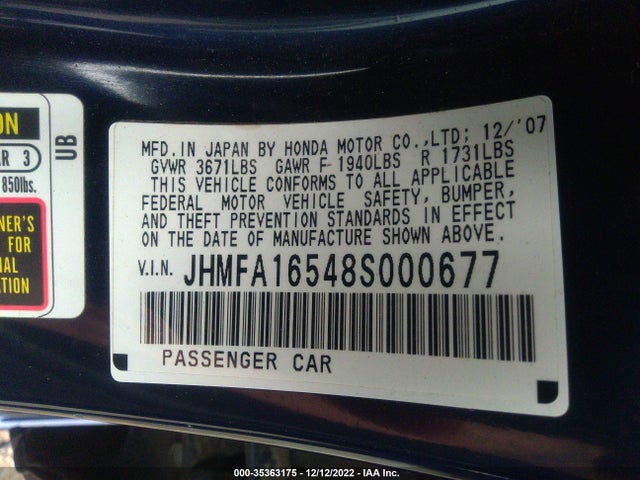 2008 HONDA CIVIC SDN LX VIN: JHMFA16548S000677