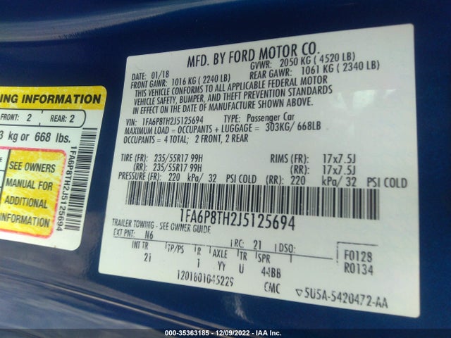 2018 FORD MUSTANG ECOBOOST VIN: 1FA6P8TH2J5125694