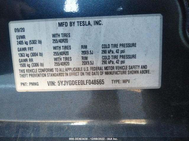 2020 Tesla Model Y, VIN: 5YJYGDEE0LF048565