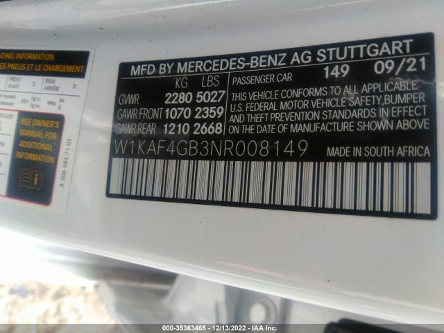 2022 Mercedes-Benz C-Class, VIN: W1KAF4GB3NR008149