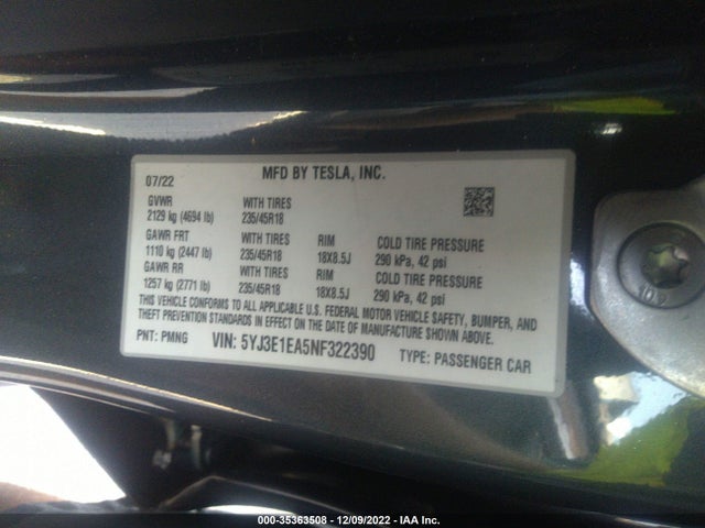 Tesla MODEL 3 2022 5YJ3E1EA5NF322390 Image 10