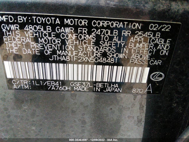 2022 Lexus IS, VIN: JTHA81F2XN5048481