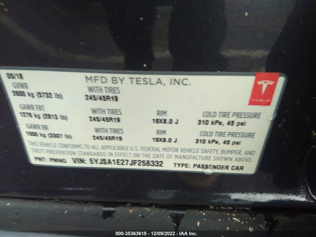 2018 Tesla Model S, VIN: 5YJSA1E27JF258332