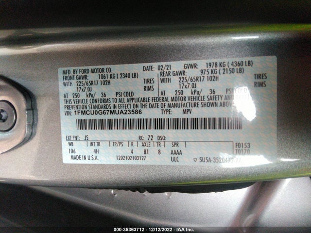 2021 Ford Escape, VIN: 1FMCU0G67MUA23586