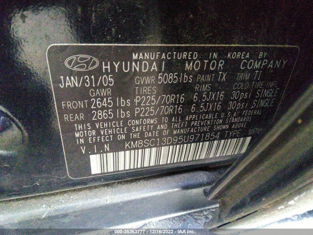 2005 HYUNDAI SANTA FE GLS VIN: KM8SC13D95U971854