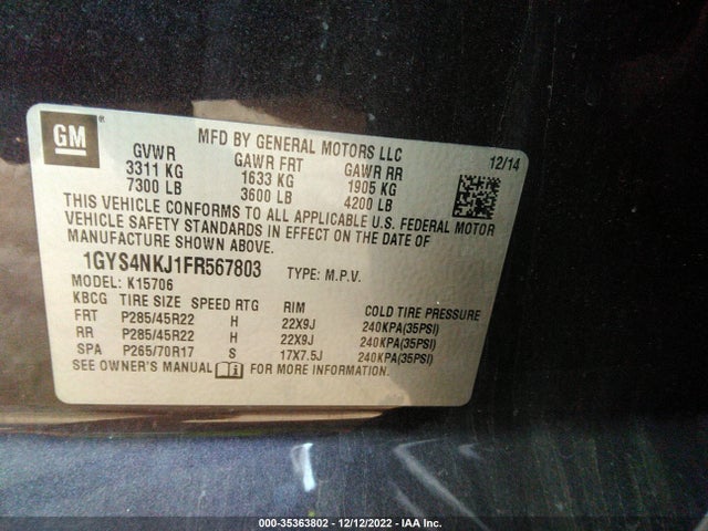 2015 Cadillac Escalade, VIN: 1GYS4NKJ1FR567803