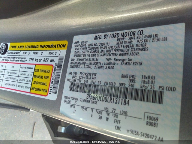 2020 Ford Fusion, VIN: 3FA6P0CD0LR131184